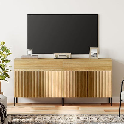 WAMPAT Fluted TV Stand TVs up to 70 inch, 63" W Modern TV Entertainment Center with Storage Cabinets and 2 Drawers & 4 Doors, Wood Media TV Console Table with Storage for Living Room, Oak