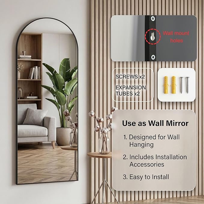 58"x20" Arched Full Length Door Mirror, Over-the-Door Hanging, Floor Standing, Wall Mounted or Leaning, Metal Frame Body Mirror for Bedroom, Living Room, Closet, Dorm, Black