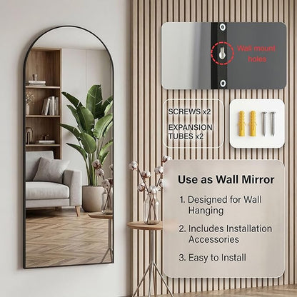 58"x20" Arched Full Length Door Mirror, Over-the-Door Hanging, Floor Standing, Wall Mounted or Leaning, Metal Frame Body Mirror for Bedroom, Living Room, Closet, Dorm, Black
