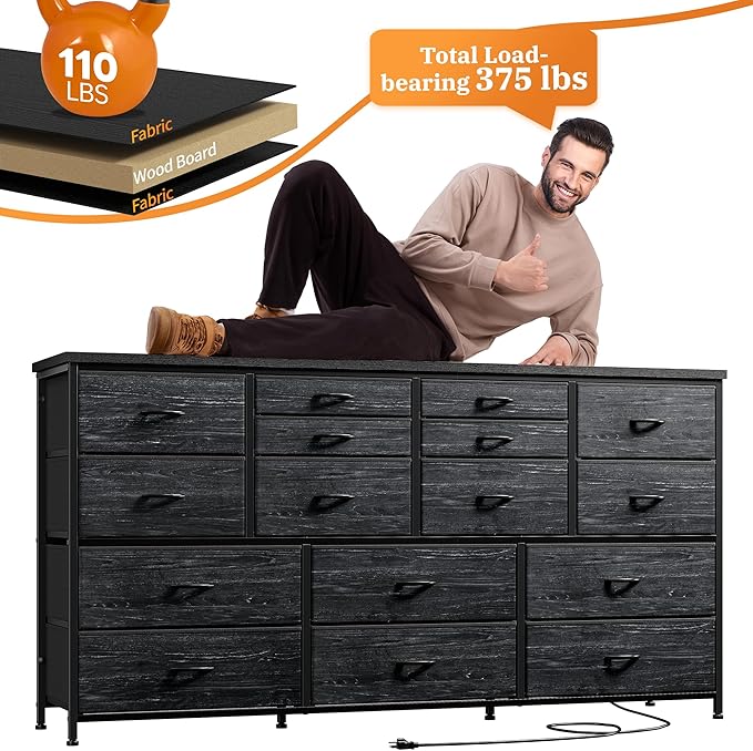 16 Drawers Long Dresser for Bedroom, 51"W Dressers with Power Outlets for 60"Inch TV for Living Room, Entertainment Center with Storage, Media TV Stand Console Table 51.1''W*11.8''D*34.8''H, Black