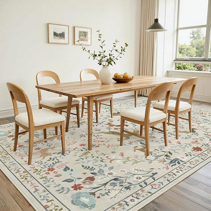 8x10 Area Rugs Washable Rug: Lagre Boho Living Room Rug Soft Non-Slip Thin Carpet Indoor Floor Non-Shedding Neutral Floral Carpets for Bedroom Dining Room Farmhouse Nursery Beige Animal