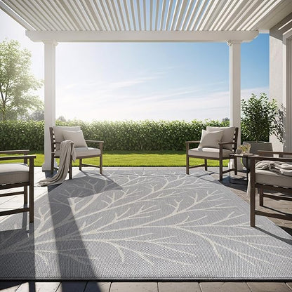 Washable Indoor Outdoor Rug 9x12 Modern Area Rugs Branch Pattern Non Shedding Waterproof Easy Clean Patio Deck Porch Living Room Bedroom Garden RV (9 X 12 Gray)