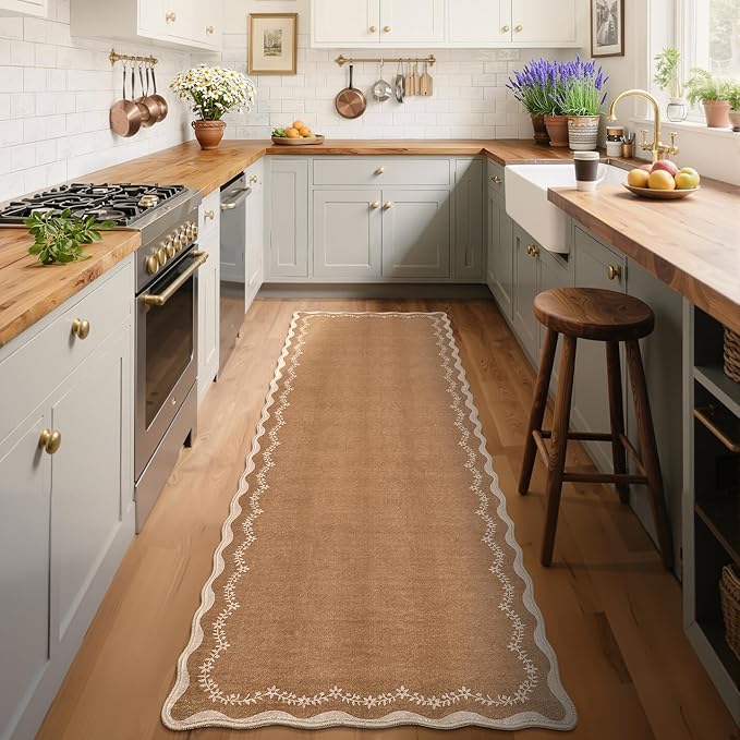 GarveeHome 2.5x8 Scalloped Washable Runner Rug for Kitchen, Soft Brown Long Hallway Runner Non Slip Entryway Rug Farmhouse Thin Laundry Mat Stain Resistant Carpet for Bathroom Beside Rug
