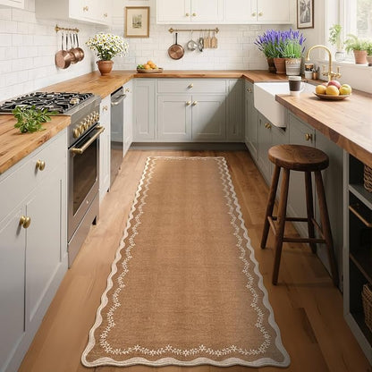 GarveeHome 2.5x8 Scalloped Washable Runner Rug for Kitchen, Soft Brown Long Hallway Runner Non Slip Entryway Rug Farmhouse Thin Laundry Mat Stain Resistant Carpet for Bathroom Beside Rug