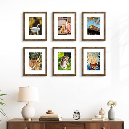 PEALSN 8x10 Picture Frame Set of 6, Display Pictures 5x7 with Mat or 8x10 without Mat for Wall Mounting or Table Top Display, Photo Frames Collage for Wall Decor, Rustic Brown