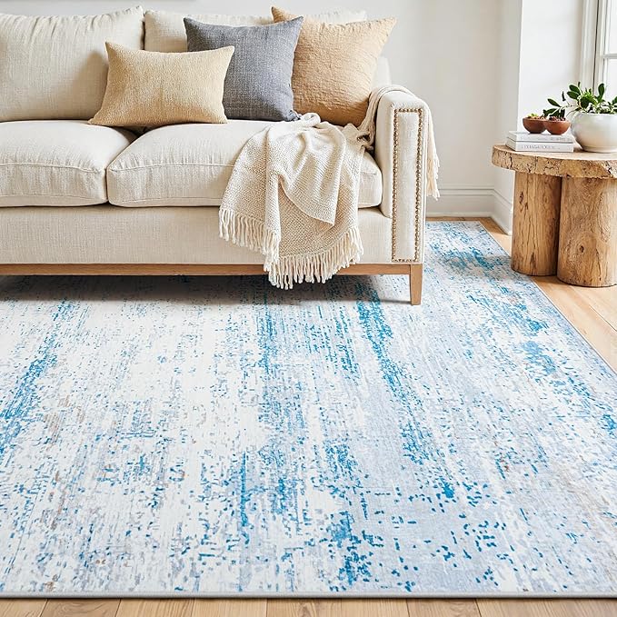 5x7 Area Rugs Washable Rug:Anti-Skid Abstract Modern Living Room Rug Soft Thin Carpets Indoor Floor Non-Shedding Carpet for Bedroom Dining Farmhouse Nursery Home Office(Light Blue/White/Beige, 5x7)