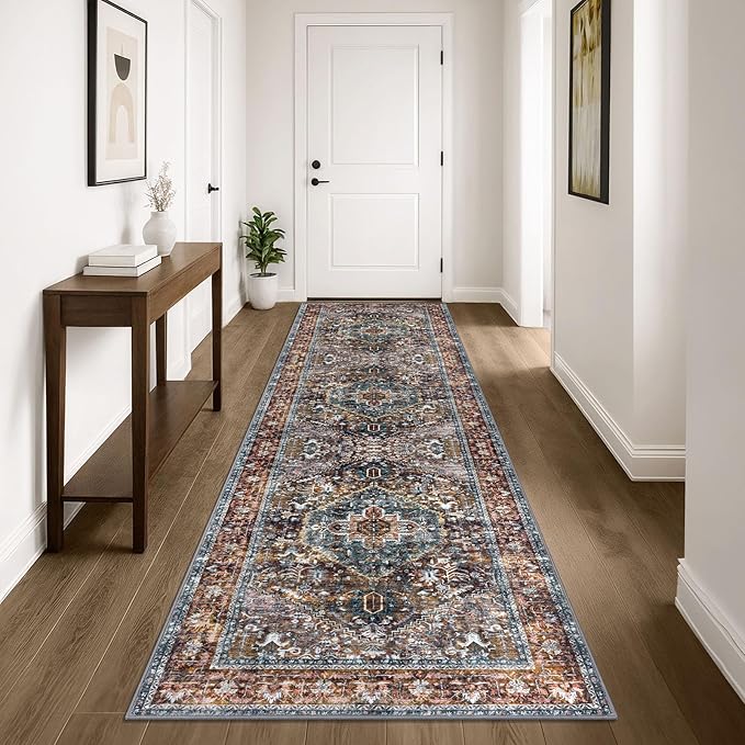 KOZYFLY Area Rug 3x10 Ft Washable Boho Runner Rug for Entryway Hallway Indoor Printed Faux Wool Carpet for Bedroom Kitchen Hall, Brick Red/Orange/Green