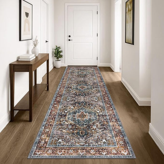 KOZYFLY Area Rug 3x10 Ft Washable Boho Runner Rug for Entryway Hallway Indoor Printed Faux Wool Carpet for Bedroom Kitchen Hall, Brick Red/Orange/Green