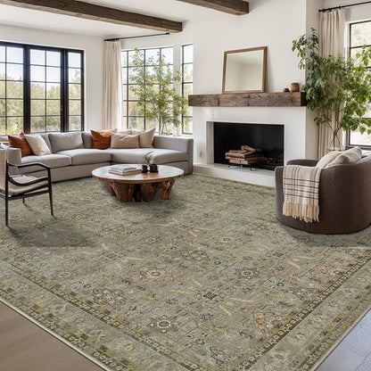 Rugxara 9x12 Area Rugs for Living Room Bedroom, Large Washable Rug, Vintage Floral Boho Rug, Non Slip & Low Pile Faux Wool Thin Carpet for Indoor Dining Room and Kids Room(Olive Brown 9x12ft)