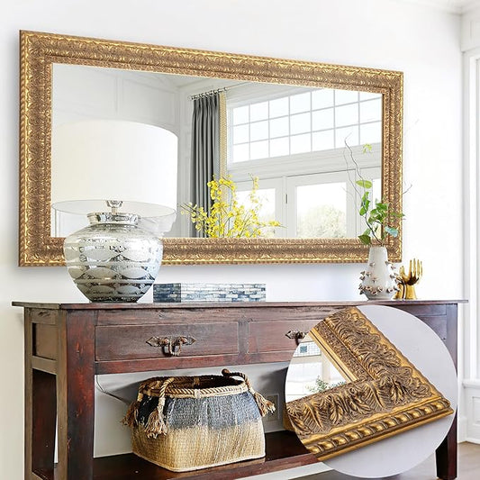 Chende 48" L x 24" W Large Gold Mirror for Wall, Rectangular Decorative Mirror Wall Decor with Leaves Shape Wood Frame, Elegant Baroque Mirror for Bathroom Entrance Hallyway Power Room
