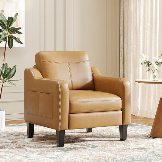 MALOL PU Leather Accent Chair, Mid-Century Modern Living Room Armchair Sofa with Removable Cushions, Solid Wood Frame & Stitched Armrest Design, Bedroom Chair with Plastic Legs, Brown