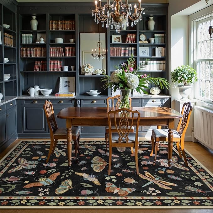 Lahome Insect 9x12 Area Rugs for Living Room Bedroom, Soft Washable Rugs 9x12 Stain Resistant, Ultra-Thin Non-Slip Non-Shedding Accent Carpet for Dining Room Office Vionnet, Black