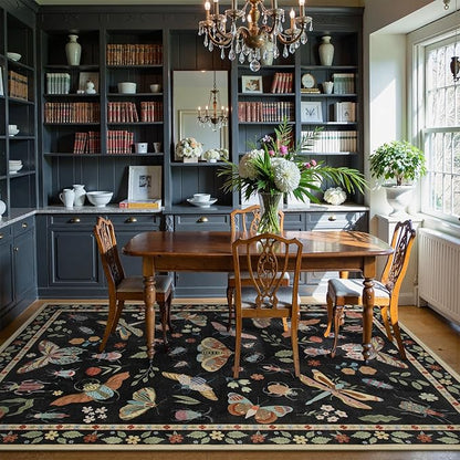 Lahome Insect 9x12 Area Rugs for Living Room Bedroom, Soft Washable Rugs 9x12 Stain Resistant, Ultra-Thin Non-Slip Non-Shedding Accent Carpet for Dining Room Office Vionnet, Black