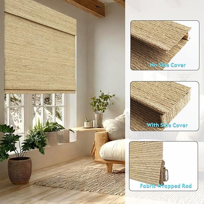 Motorized Bamboo Roman Shades, Motorized Blinds with Remote Compatible with Homekit, Alexa GoogleHome, Smart Wood Woven Shades for Indoor Windows, Customize, Savanna Weave
