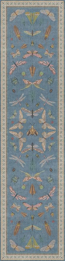 Blue Vintage Insect Runner Rug for Hallway 3x12, Washable Non Slip Kitchen Sink Carpet, Colorful Entryway Home Décor