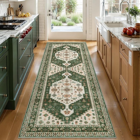 Tangsoo Vintage 2x6 Washable Runner Rug for Hallways,Boho Non-Slip Runner Mat,Green Beige Non-Slip Low Pile Long Rug Runner Carpet for Kitchen Bedroom Entryway Laundry