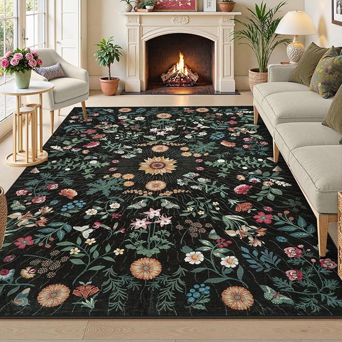 LIVEBOX Sunflower Botanical Washable 8x10 Area Rugs, Black Rug for Living Room, Non Slip Rugs for Bedroom, Boho Floral Indoor Throw Dining Room Carpet for Under Table Home Office Nursery Playroom