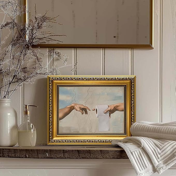 YD&YZY Gold Framed Vintage Funny Humor Bathroom Wall Art God Gives Toilet Paper Wall Decor Unique Art Painting Picture Print Whimsical Bathroom Restroom 8x10 inch Small Framed