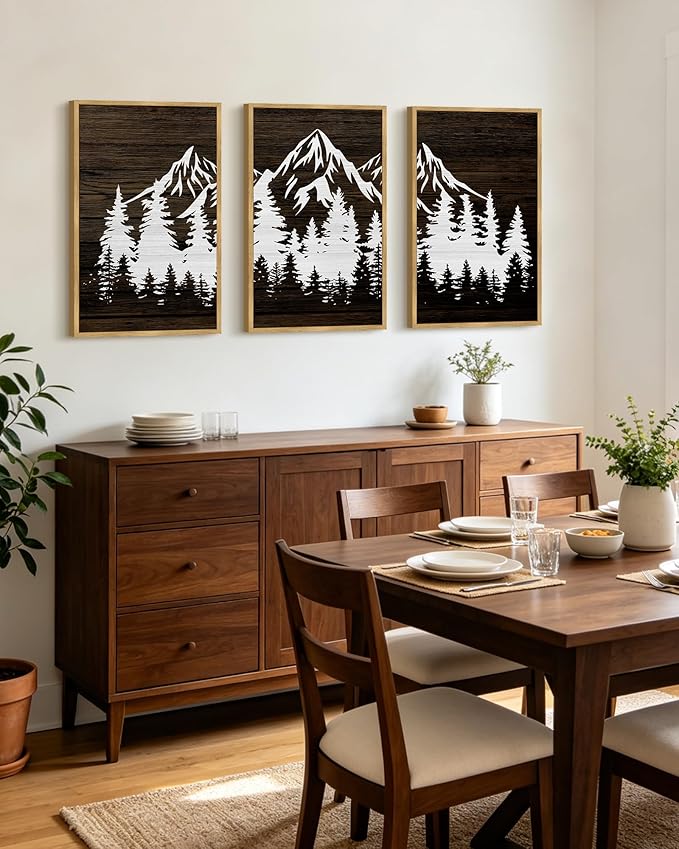 PHOPAGO Mountains Tree Framed Wall Art Large 16x24in Boho Forest Nature Landscape Artwork Paints Morden Country Woodcut Wood Wall Decor Rustic Home Decor - Natural Framed