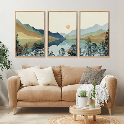 CHDITB Mountain Sun Forest Framed Art Prints(Set of 3, 24”x36”), Boho Watercolor Nature Landscape Canvas Artwork Painting, Abstract Foggy National Park Scenery Poster Decor for Living Room Bedroom