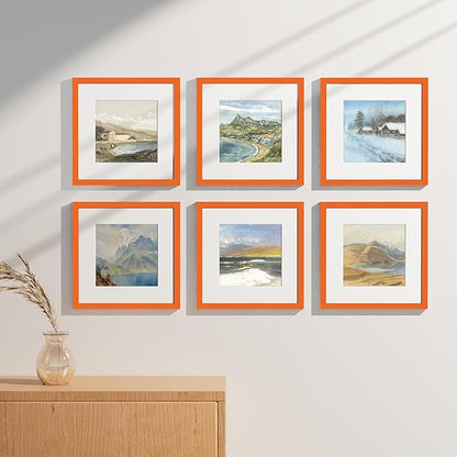 Vittanly 12x12 Picture Frames Set of 9, Shatter Resistant Plexiglass, Display 8x8 Pictures with Mat or 12x12 without Mat, Photo Frames for Wall Mount, Engineered Wood, Orange