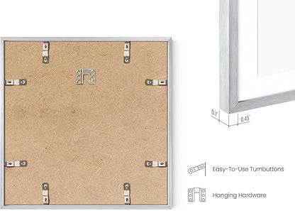 HAUS AND HUES 12x12 Silver Metal Picture Frames Matted to 8x8 - Premium Aluminum with Hanging Hardware, Shatterproof Plexiglass - Ideal for Home or Office (12x12 in, Silver, Set of 4)