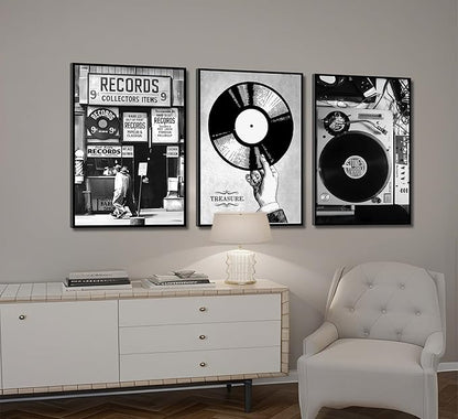 3Pcs Retro Music Poster Wall Art Fashion Black And White Photography Preppy Vinyl Record Store Painting Picture Wall Decor Bar Rock Music Lovers Print Artwork for Recording Studio Club Home Decoration