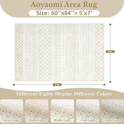 Area Rug Living Room Rugs 5x7 - Large Soft Boho Geometric Rugs, Non-Slip Foldable Washable Area Rug Non Shedding Morden Indoor Floor Carpet for Living Bedroom Office Dining Room (Beige,5' x 7')