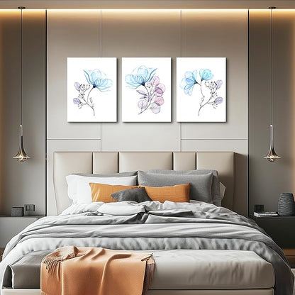 3 Piece Modern Blue Flowers Canvas Wall Art for Bedroom Living Room decor,Bathroom Wall Decor,3 Panels framed Wall Watercolor Painting Kitchen Home Decoration Canvas Print Artwork Wall Mural