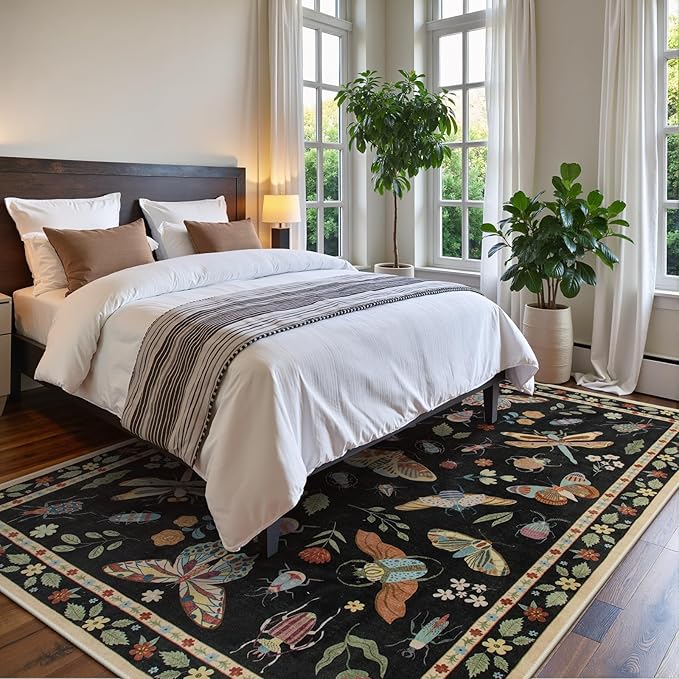 Lahome Insect 9x12 Area Rugs for Living Room Bedroom, Soft Washable Rugs 9x12 Stain Resistant, Ultra-Thin Non-Slip Non-Shedding Accent Carpet for Dining Room Office Vionnet, Black