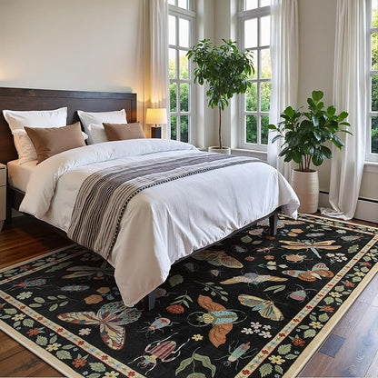 Lahome Insect 9x12 Area Rugs for Living Room Bedroom, Soft Washable Rugs 9x12 Stain Resistant, Ultra-Thin Non-Slip Non-Shedding Accent Carpet for Dining Room Office Vionnet, Black