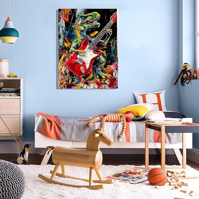 16x24 Graffiti Guitar T-Rex Wall Art Modern Rock Picture Framed Canvas Gallery Pop Prints Cartoon Home Office Decor DJ Dinosaur Urban Posters Funny Bedroom Living Room Kids Nursey Teen Boys Men