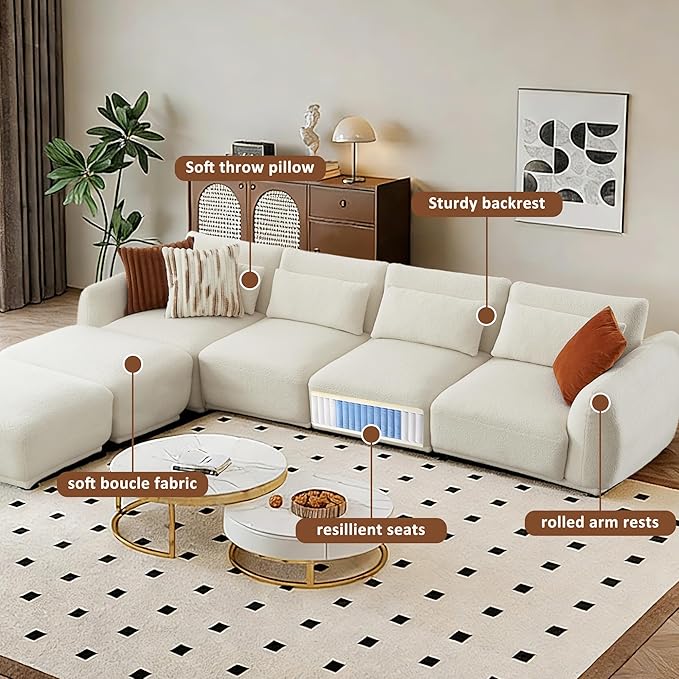 U Shaped Cloud Sectional, Convertible L Shaped Couch with Removable Ottomans,Modular Cloud Couch Sectional for Living Room(4 Set + 2 Ottomans - White)