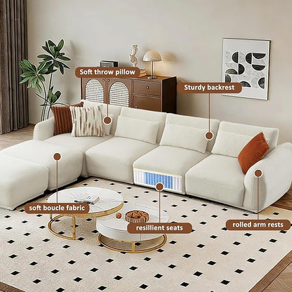 U Shaped Cloud Sectional, Convertible L Shaped Couch with Removable Ottomans,Modular Cloud Couch Sectional for Living Room(4 Set + 2 Ottomans - White)