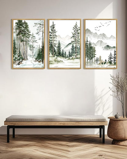 Drsoum Green Tree Forest Mountain Framed Wall Art Nature Landscape Prints Morden Wilderness Artwork Hallway Bedroom Ready to Hang 24x36in Natural Framed