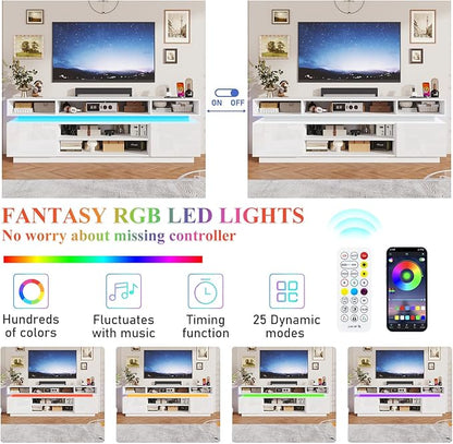 chartustriable LED TV Stand for 95 Inch TV, Modern Tall Entertainment Center with Power Outlets, High Gloss TV Stand, Gaming TV Media Console for Living Room, 83 Inch, White