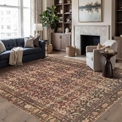 Rugxara 6x9 Area Rugs for Living Room Bedroom, Large Washable Christmas Rug, Vintage Oriental Boho Rug, Non Slip & Low Pile Faux Wool Thin Carpet for Indoor Dining Room, Classroom Dorm and Kids Room