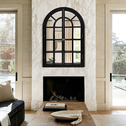 TRAHOME Arched Windowpane Mirror, 28"x40" Black Wood Frame Rustic Farmhouse Wall Mirror, Vintage Decorative Window Mirror for Living Room, Entryway, Bathroom