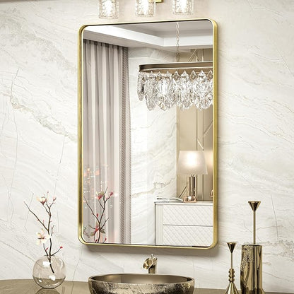 TokeShimi Gold Bathroom Mirror - 24 x 36 Inch Metal Rounded Corner Rectangle Mirror - Hangs Horizontal Or Vertical - Rustic Finish