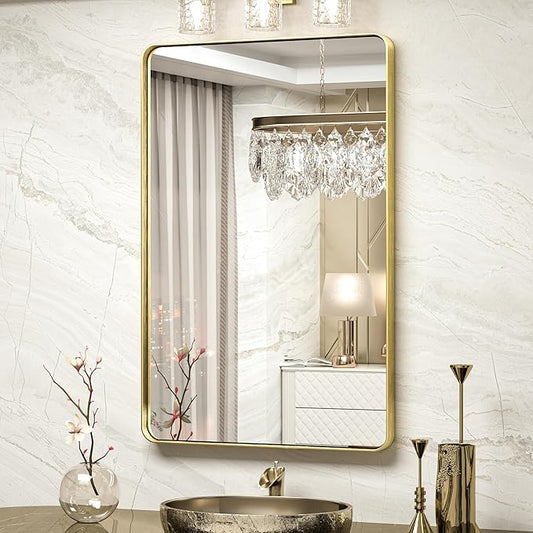 TokeShimi Gold Bathroom Mirror - 24 x 36 Inch Metal Rounded Corner Rectangle Mirror - Hangs Horizontal Or Vertical - Rustic Finish