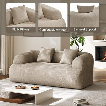 75" Boneless Cloud Loveseat, Modern Cute Curved Chenille Sofa, 2 Seater Compression Couch with 2 Pillows, No Assembly Required for Apartment Living Room, Light Brown