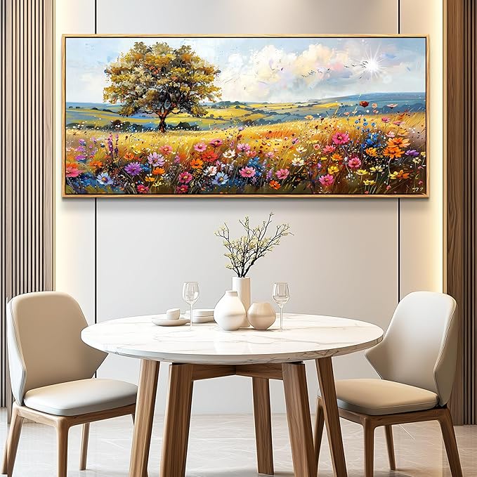 hyidecorart Large Framed Wall Art, Spring Landscape Wall Art, Nature Tree Wildflower Artwork, Colorful Scenery Rustic Painting Canvas Prints, Farmhouse Wall Decor Living Room Bedroom Picture 32x72 In