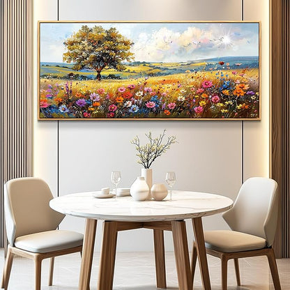 hyidecorart Large Framed Wall Art, Spring Landscape Wall Art, Nature Tree Wildflower Artwork, Colorful Scenery Rustic Painting Canvas Prints, Farmhouse Wall Decor Living Room Bedroom Picture 32x72 In