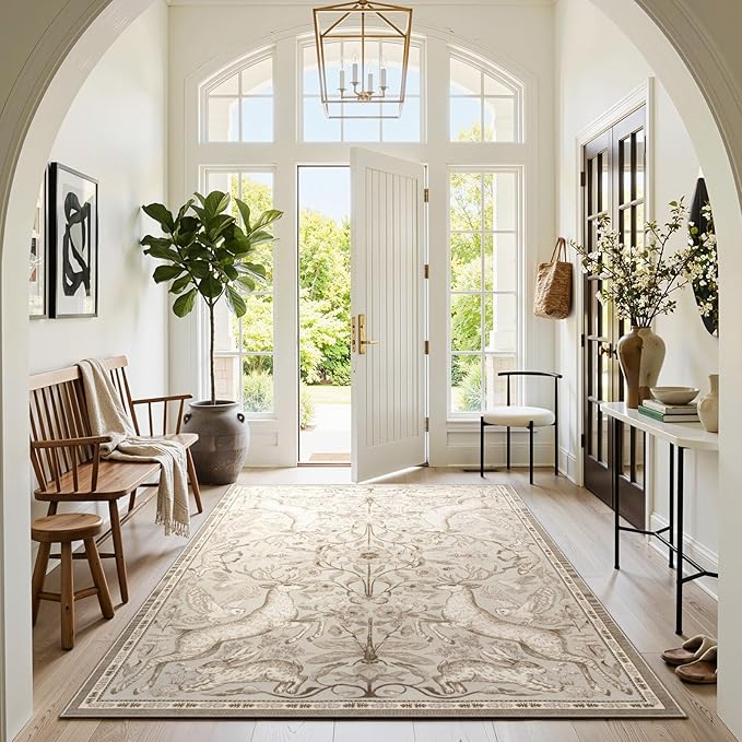 Lahome Dorval 6x9 Washable Deer Rug, Boho Cottagecore Neutral Area Rug, Non Slip Low Pile Soft Carpet for Living Room Dining Room Bedroom Office Nursery Farmhouse Home Decor Beige