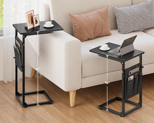 Vagusicc C-Shaped End Table, Small Side Table for Couch, Sofa Table Adjustable Height End Tables Living Room, Bedside Slide Under Couch Table for Sofa, TV Tray Table with Metal Frame for Bedroom,Black