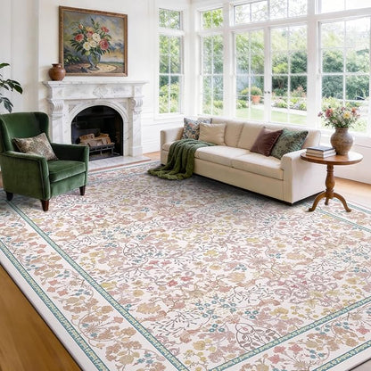 AMADA HOMEFURNISHING 8x10 Washable Area Rugs for Living Room, Non-Slip & Low-Profile Floral Large Area Rug with Durable Edge Binding, Soft Rugs for Living Room, Bedroom, Dining Room