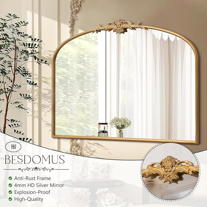 Besdomus Antique Arched Gold Mirror: 40"x29" French Large Decorative Gold Vintage Wall Vanity Mirror - Baroque Traditional Ornate for Bedroom/Bathroom/Fireplace/Entryway - Home Decor for Homemakers