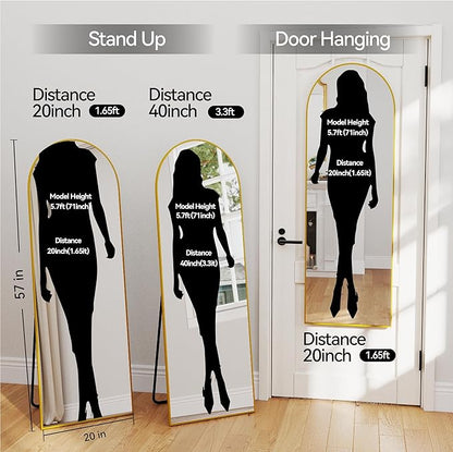 SCWF-GZ 57x20 Door Hanging Full Length Mirror, Floor (Height 5.7ft just Body in1.3ft) or Wall Mounted Metal Frame Arch Dressing Mirrors for Bedroom Bathroom Living Room 57 20 inch Gold