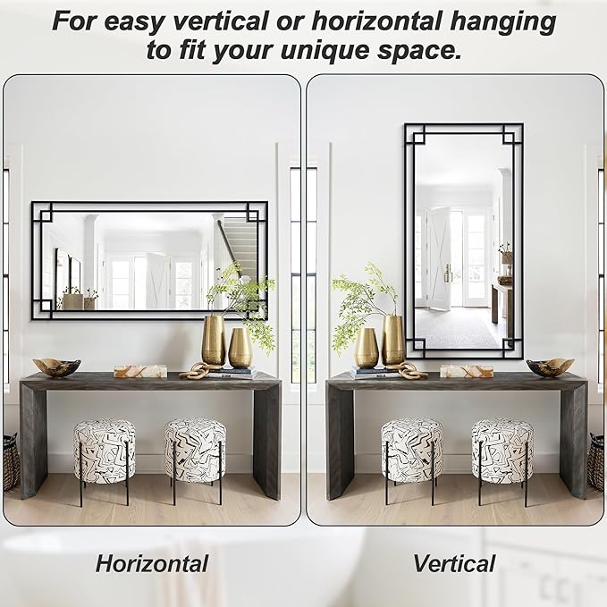 Chende Rectangular Black Mirror for Decor, 59''x30'' Large Living Room Mirror with Metal Frame, Modern Decorative Mirror for Bathroom Entryway, Horizontal/Vertical Hanging