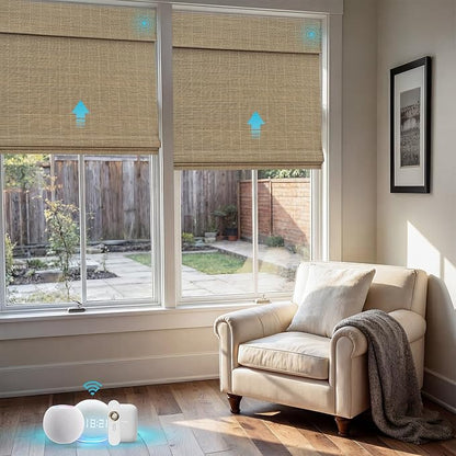 Motorized Bamboo Roman Shades, Motorized Blinds with Remote Compatible with Homekit, Alexa GoogleHome, Smart Wood Woven Shades for Indoor Windows, Customize, Earthline